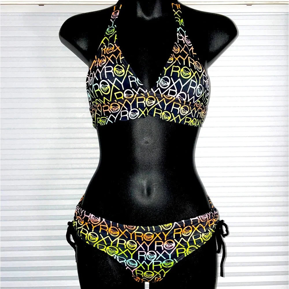 ROXY Logo 2-piece halter swimsuit bikini Multicolor Womens Small S - Picture 1 of 6